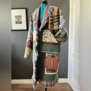 Handmade pumpkin patch duster, upcycled tapestry blanket cardigan, ladies' XS-M